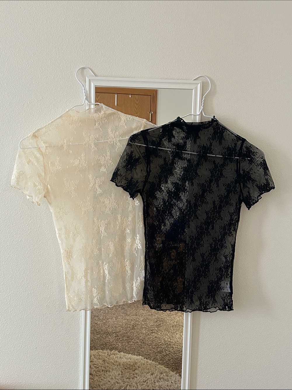 Reoria - bundle of 2 Sheer Lace Short-Sleeve Top - Black and Cream